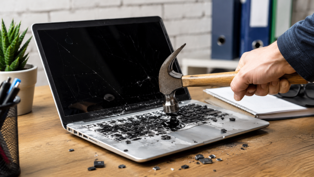 Laptop trifft Hammer. Wenn die IT streikt, liegen die Nerven blank. IT-Service Erding hilft schnell und kompetent.